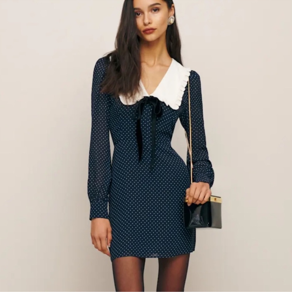 Reformation Navy Polka Dot Mini Dress